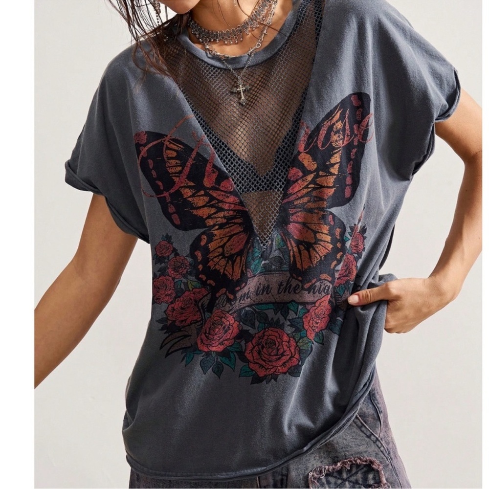 Boho Butterfly Mesh Floral Print Graphic Top S M L XL